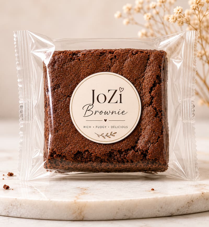 A JoZi brownie, wrapped and labelled